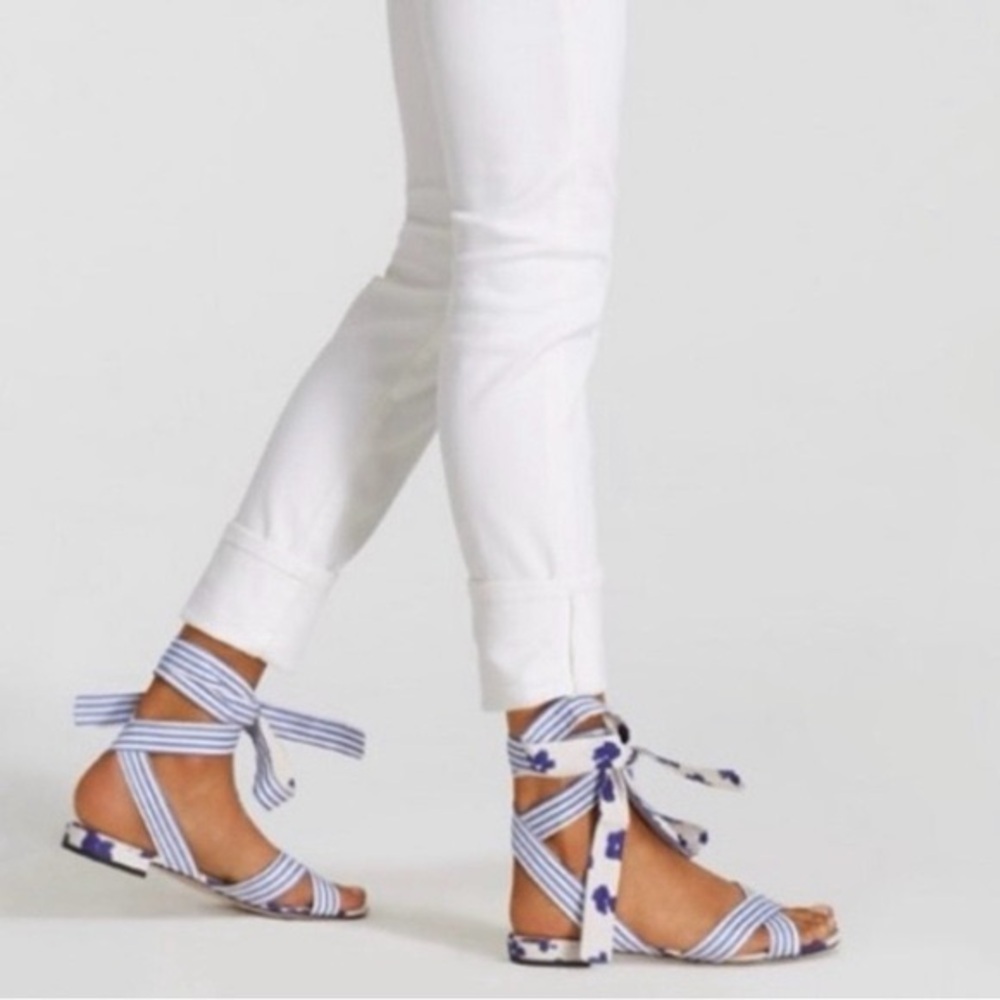 Cabi | Blue White Stripe Floral Watercolor Tied Up Sandals | Size 10